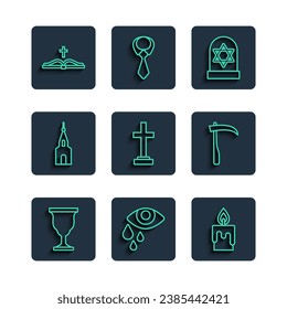 Set line Christian chalice, Tear cry eye, Burning candle, Grave with star of david, cross, Church building, Holy bible book and Scythe icon. Vector