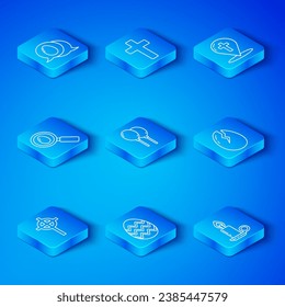Set line Christian cross, Balloons with ribbon, Easter egg, Broken, Map pointer christian, Search and easter, Speech bubble and Burning candle candlestick icon. Vector