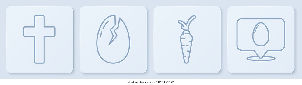 Set line Christian cross, Carrot, Broken egg and Speech bubble with easter egg. White square button. Vector