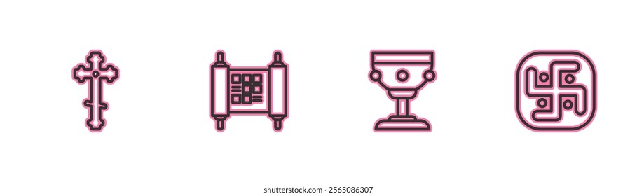 Set line Christian cross, chalice, Decree, paper, parchment, scroll and Jainism icon. Vector