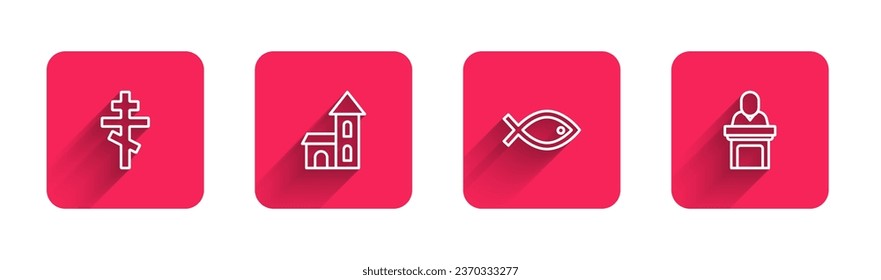 Set line Christian cross, Church building, fish symbol and pastor preaching with long shadow. Red square button. Vector