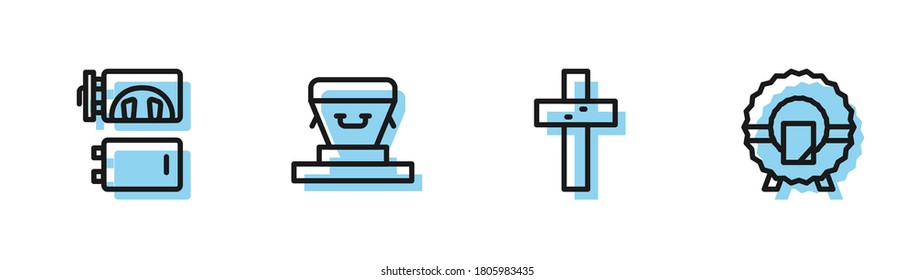 Set line Christian cross, Crematorium, Coffin and Memorial wreath icon. Vector