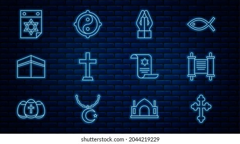 Set line Christian cross, Decree, paper, parchment, scroll, Hands in praying position, Kaaba mosque, Jewish calendar, Torah and Yin Yang icon. Vector