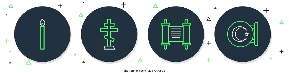 Set line Christian cross, Decree, paper, parchment, scroll, Burning candle and Star crescent icon. Vector