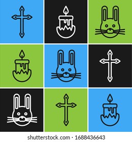 Set line Christian cross, Easter rabbit and Burning candle icon. Vector