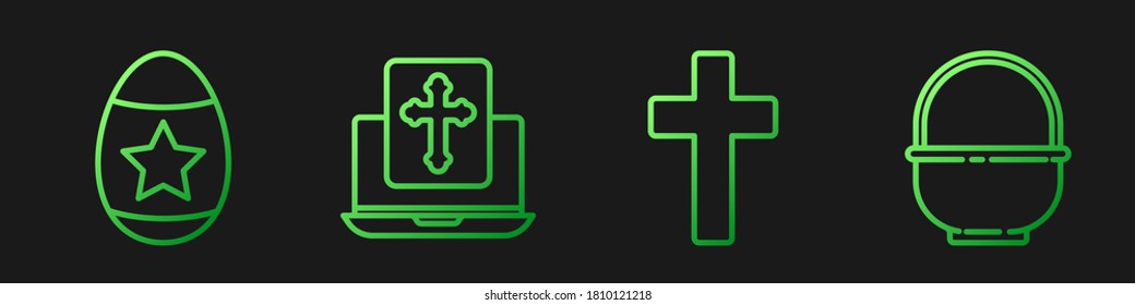 Set line Christian cross, Easter egg, Cross on the laptop screen and Basket. Gradient color icons. Vector