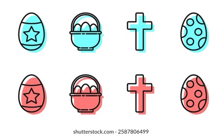 Set line Christian cross, Easter egg, Basket with easter eggs and Easter egg icon. Vector