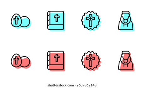 Set line Christian cross, Easter egg, Holy bible book and Monk icon. Vector
