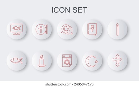 Set line Christian cross, fish, Star and crescent, Burning candle and Jewish calendar icon. Vector