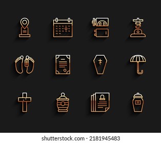 Set line Christian cross, Funeral urn, Location grave, Death certificate, Umbrella and Coffin with icon. Vector