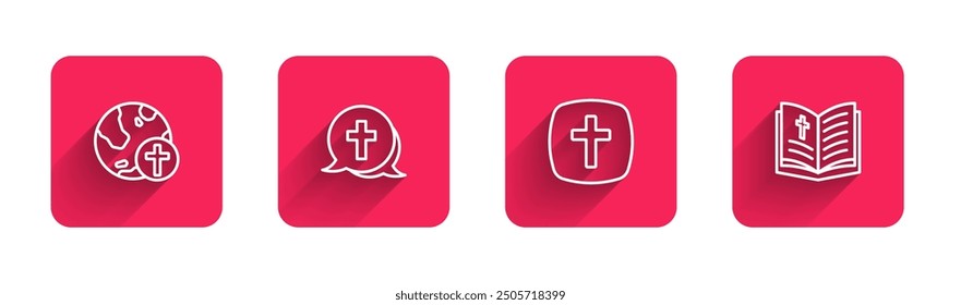 Set line Christian cross with globe,  and Holy bible book with long shadow. Red square button. Vector