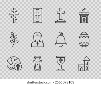 Set line Christian cross with globe, Church building, Grave, Coffin, Nun, chalice and Easter egg icon. Vector