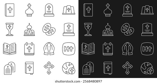 Set line Christian cross with globe, Grave tombstone, Church building, chalice, Holy bible book and bread icon. Vector