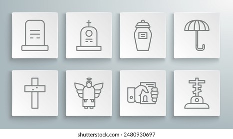 Set line Christian cross, Grave with tombstone, Christmas angel, Death certificate in hand, Funeral urn, Umbrella and  icon. Vector