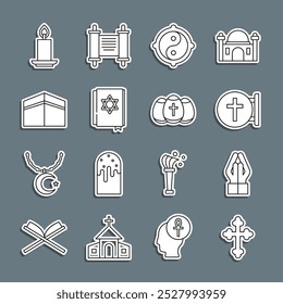 Set line Christian cross, Hands in praying position, Yin Yang, Jewish torah book, Kaaba mosque, Burning candle and Easter egg icon. Vector