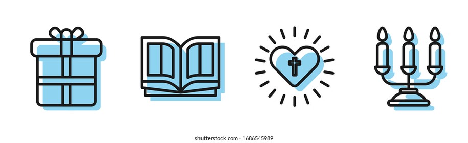 Set line Christian cross and heart, Gift box, Holy bible book and Candelabrum with candlesticks icon. Vector