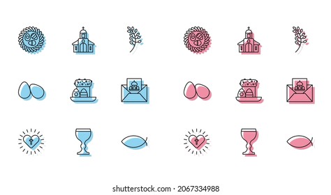 Set line Christian cross and heart, Wine glass, Easter egg wicker nest, fish, cake eggs, Greeting card with Happy,  and Church building icon. Vector