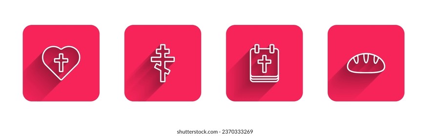 Set line Christian cross in heart, Calendar with Easter and bread with long shadow. Red square button. Vector