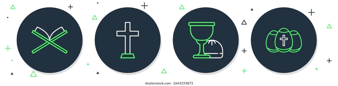 Set line Christian cross, Holy grail or chalice, book of Koran and Easter egg icon. Vector