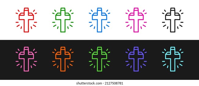 Set line Christian cross icon isolated on black and white background. Church cross.  Vector