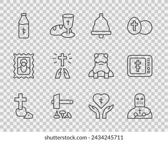 Set line Christian cross, Knight crusader, Church bell, Crucifixion of Jesus, Holy water bottle, Hands in praying position, Religious heart and Online church pastor preaching icon. Vector