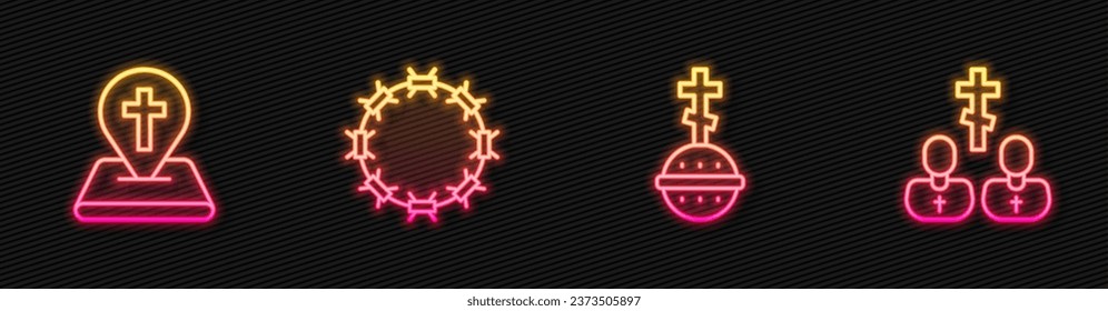 Set line Christian cross, Location church building, Crown of thorns and Priest. Glowing neon icon. Vector
