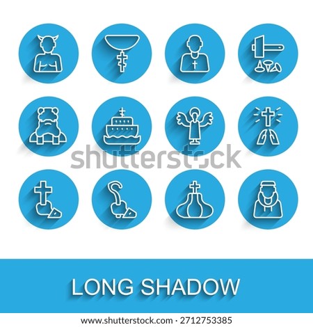 Set line Christian cross, Magic staff, Krampus, heck, Church tower, Monk, Ark of noah, Hands in praying position and Angel icon. Vector