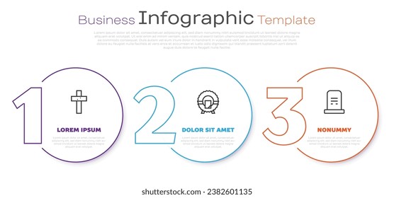 Set line Christian cross, Memorial wreath and Grave with tombstone. Business infographic template. Vector