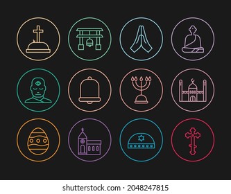 Set line Christian cross, Muslim Mosque, Hands in praying position, Church bell, Man with third eye, Tombstone, Hanukkah menorah and Japan Gate icon. Vector