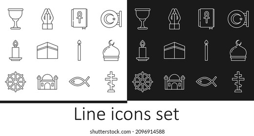 Set line Christian cross, Muslim Mosque, Cross ankh book, Kaaba mosque, Burning candle, Holy grail or chalice,  and Hands praying position icon. Vector