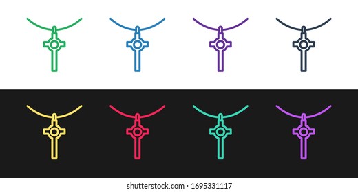 Set line Christian cross on chain icon isolated on black and white background. Church cross. Vector Illustration