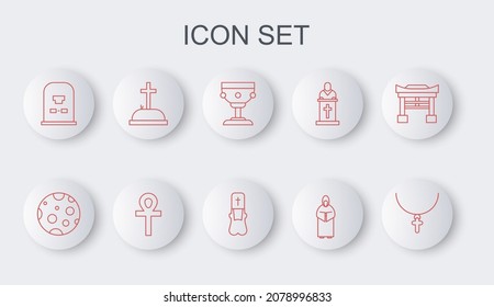 Set line Christian cross on chain, Moon, chalice, Monk, Tombstone with RIP written, Cross ankh and Priest icon. Vector