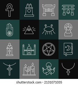 Set line Christian cross on chain, Holy book of Koran, Jesus, Japan Gate, Masons, Jainism Jain Dharma, Cross ankh and Pastafarianism icon. Vector