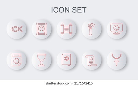 Set line Christian cross on chain, Star and crescent, Decree, paper, parchment, scroll, Torah, fish, icon, Holy grail chalice and Jewish torah book icon. Vector