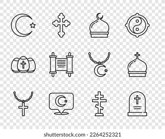 Set line Christian cross on chain, Tombstone with, Muslim Mosque, Star and crescent, Decree, paper, parchment, scroll,  and Church tower icon. Vector