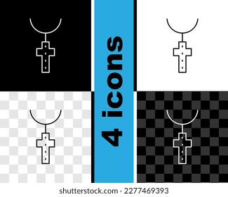 Set line Christian cross on chain icon isolated on black and white, transparent background. Church cross.  Vector