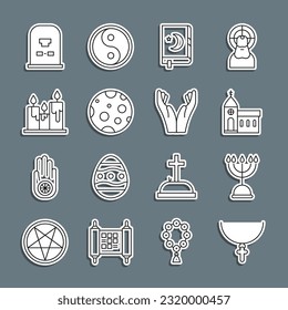 Set line Christian cross on chain, Hanukkah menorah, Church building, Holy book of Koran, Moon, Burning candles, Tombstone with RIP written and Hands praying position icon. Vector