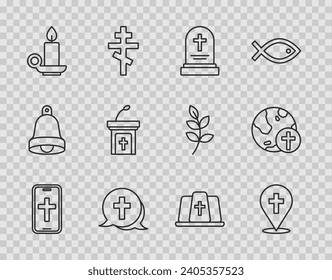 Set line Christian cross on phone, Location church building, Grave with tombstone, Burning candle candlestick, Church sermon tribune, Pope hat and globe icon. Vector