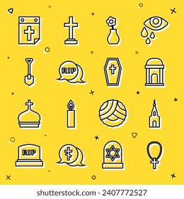 Set line Christian cross on chain, Church building, Old crypt, Flower vase, Speech bubble rip death, Shovel, Calendar and Coffin with icon. Vector