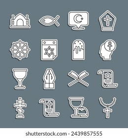 Set line Christian cross on chain, Torah scroll, Cross ankh, Star and crescent, Jewish calendar, Dharma wheel, Hindu spiritual temple and Easter cake icon. Vector