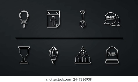Set line Christian cross on chain, chalice, Speech bubble rip death, Church building, Lily flower, Calendar, Tombstone with RIP written and Shovel icon. Vector