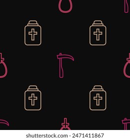 Set line Christian cross on chain, Funeral urn and Scythe on seamless pattern. Vector