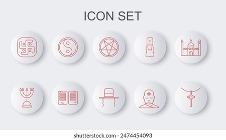 Set line Christian cross on chain, Hanukkah menorah, Pentagram circle, Man with third eye, Jainism, Yin Yang, The commandments and Orthodox jewish hat sidelocks icon. Vector