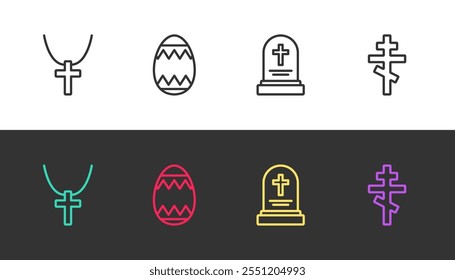 Set line Christian cross on chain, Easter egg, Grave with tombstone and  on black and white. Vector