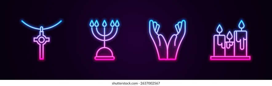 Set line Christian cross on chain, Hanukkah menorah, Hands praying position and Burning candles. Glowing neon icon. Vector