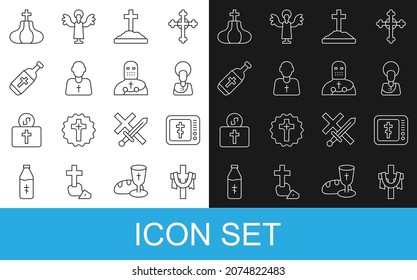 Set line Christian cross, Online church pastor preaching, Jesus, Grave with, Priest, Holy water bottle, Church tower and Knight crusader icon. Vector