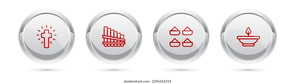 Set line Christian cross, Pan flute, Indian spice and Aroma lamp. Silver circle button. Vector