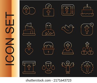 Set line Christian cross, Priest, Online church pastor preaching, Knight crusader, Babel tower bible story, Easter egg and Dove icon. Vector