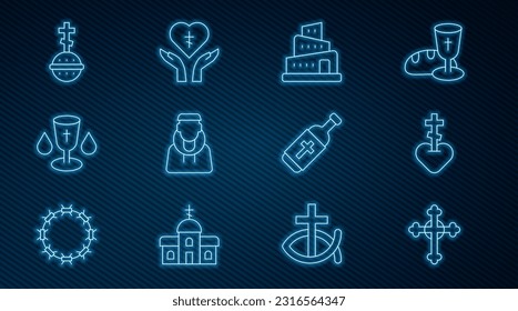 Set line Christian cross, Religious in heart, Babel tower bible story, Monk, chalice, Holy water bottle and  icon. Vector