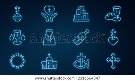 Set line Christian cross, Religious in heart, Babel tower bible story, Monk, chalice, Holy water bottle and  icon. Vector